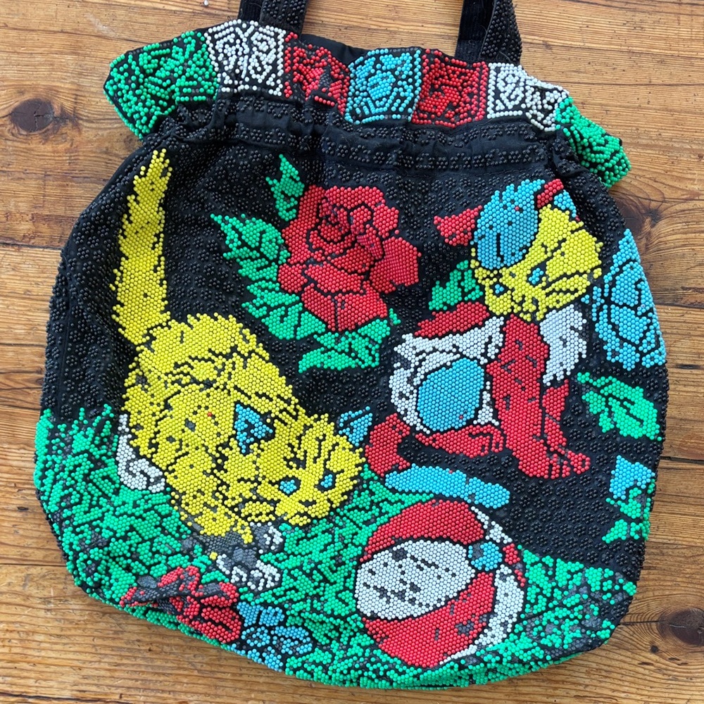 Colorful Beaded Cat Design Tote Bag